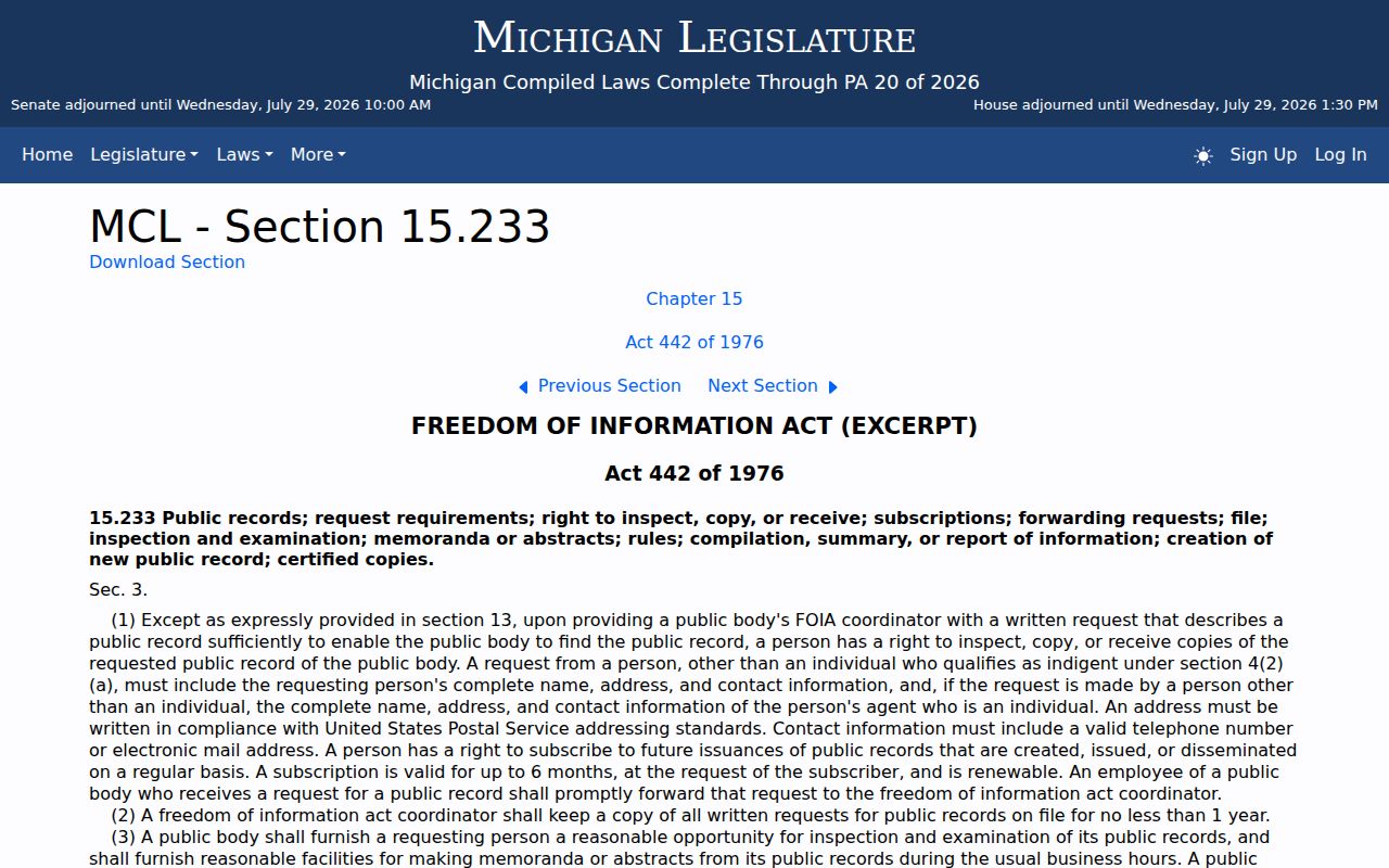 Michigan FOIA request rights that govern East Tawas police records