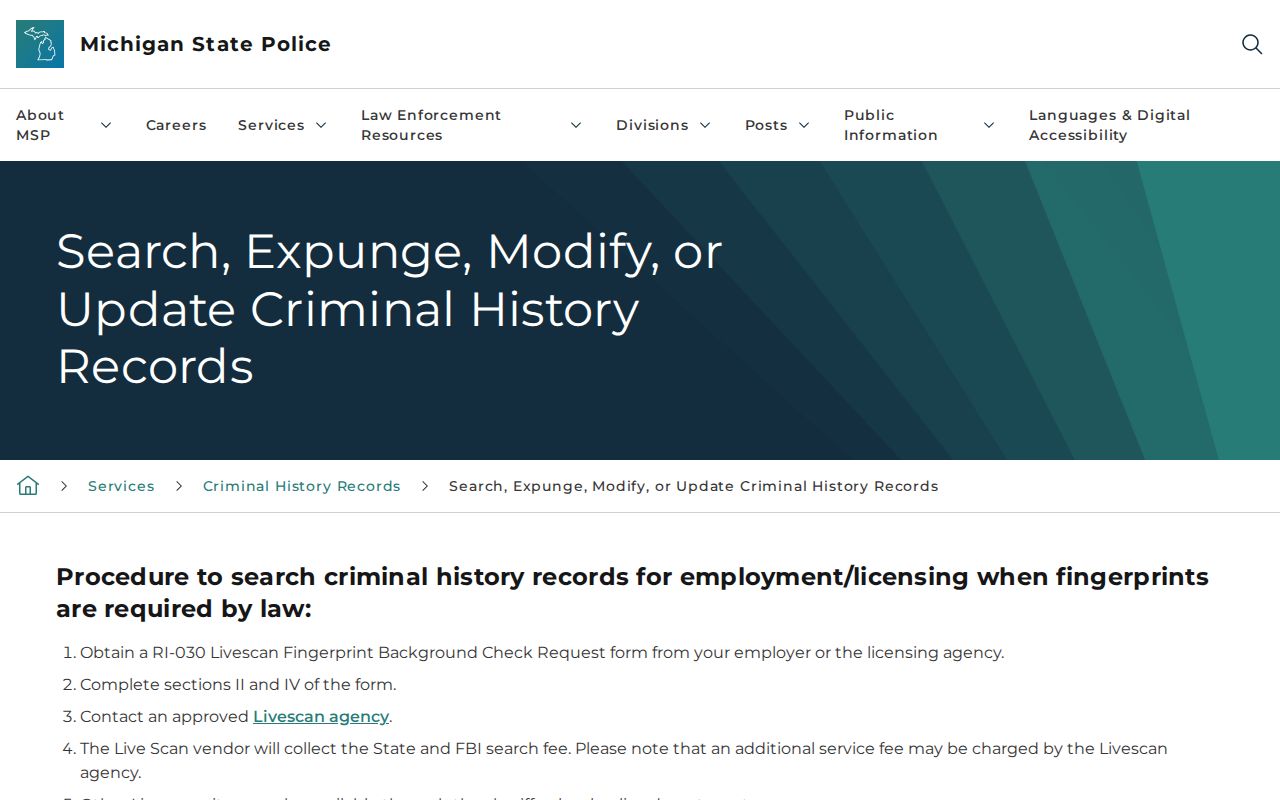 Michigan State Police criminal history correction and update page