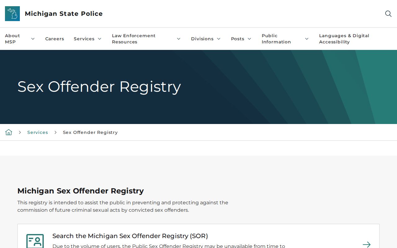 Michigan State Police sex offender registration information page
