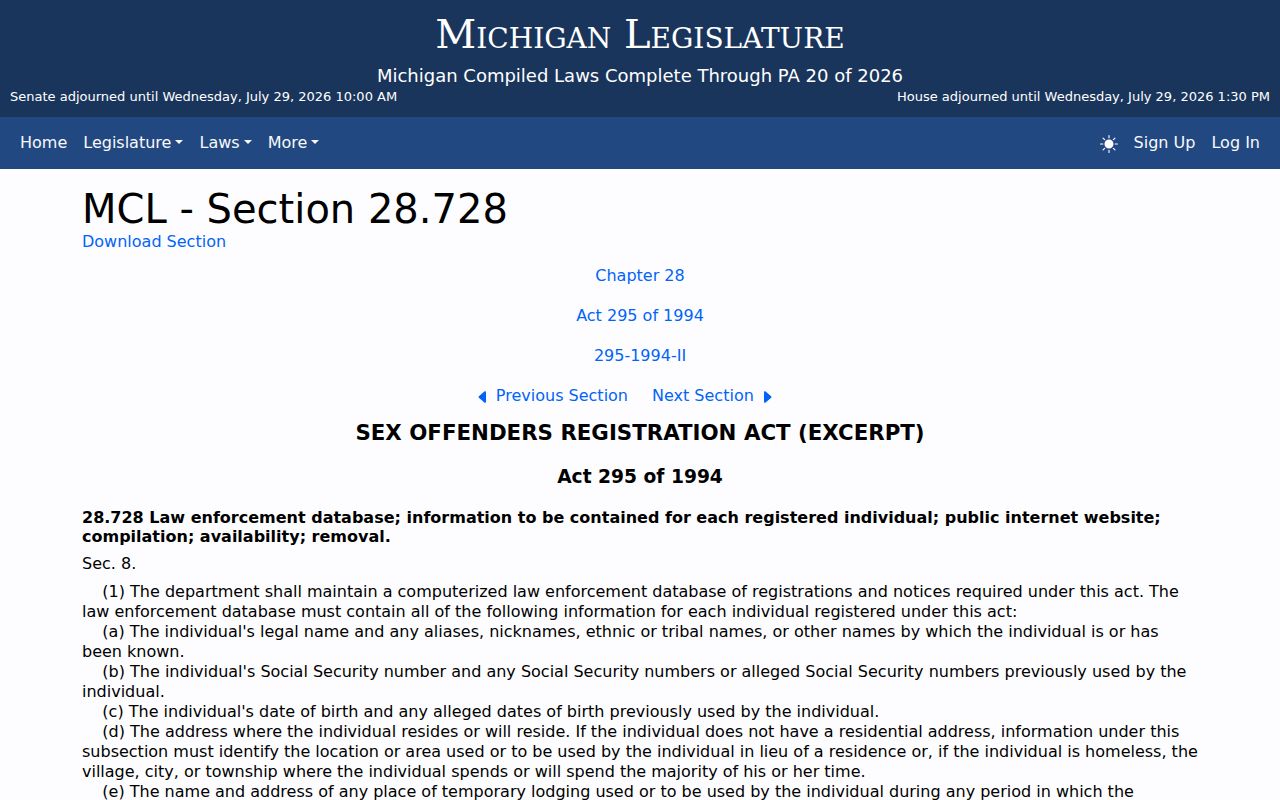 Michigan law governing the public sex offender registry database