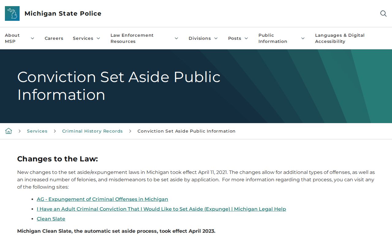 Michigan conviction set-aside and Clean Slate information