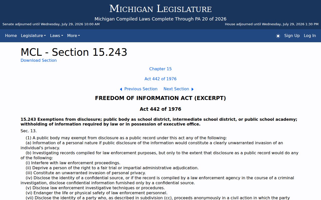 Michigan FOIA exemptions affecting public access to Whittemore records