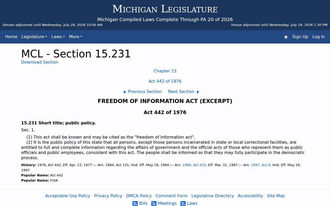 Michigan public access law governing agency records requested for Whittemore events